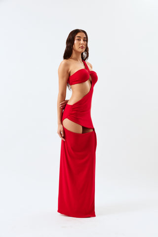 Asymmetric Cut-Out Maxi Dress - Red