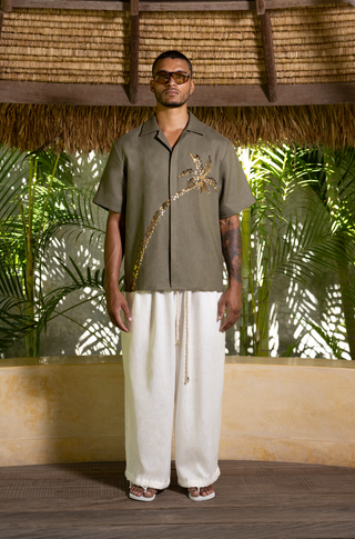 Maphrao Embellished Linen Shirt Olive