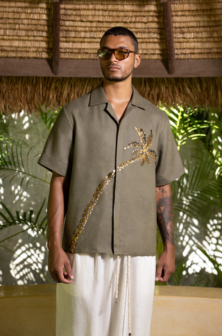 Maphrao Embellished Linen Shirt Olive