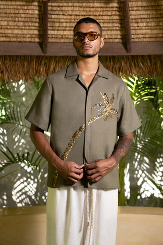 Maphrao Embellished Linen Shirt Olive