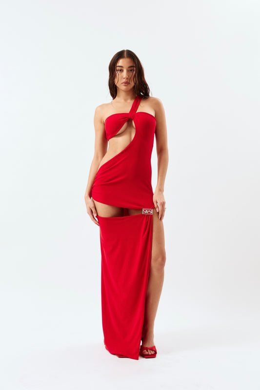 Asymmetric Cut-Out Maxi Dress - Red