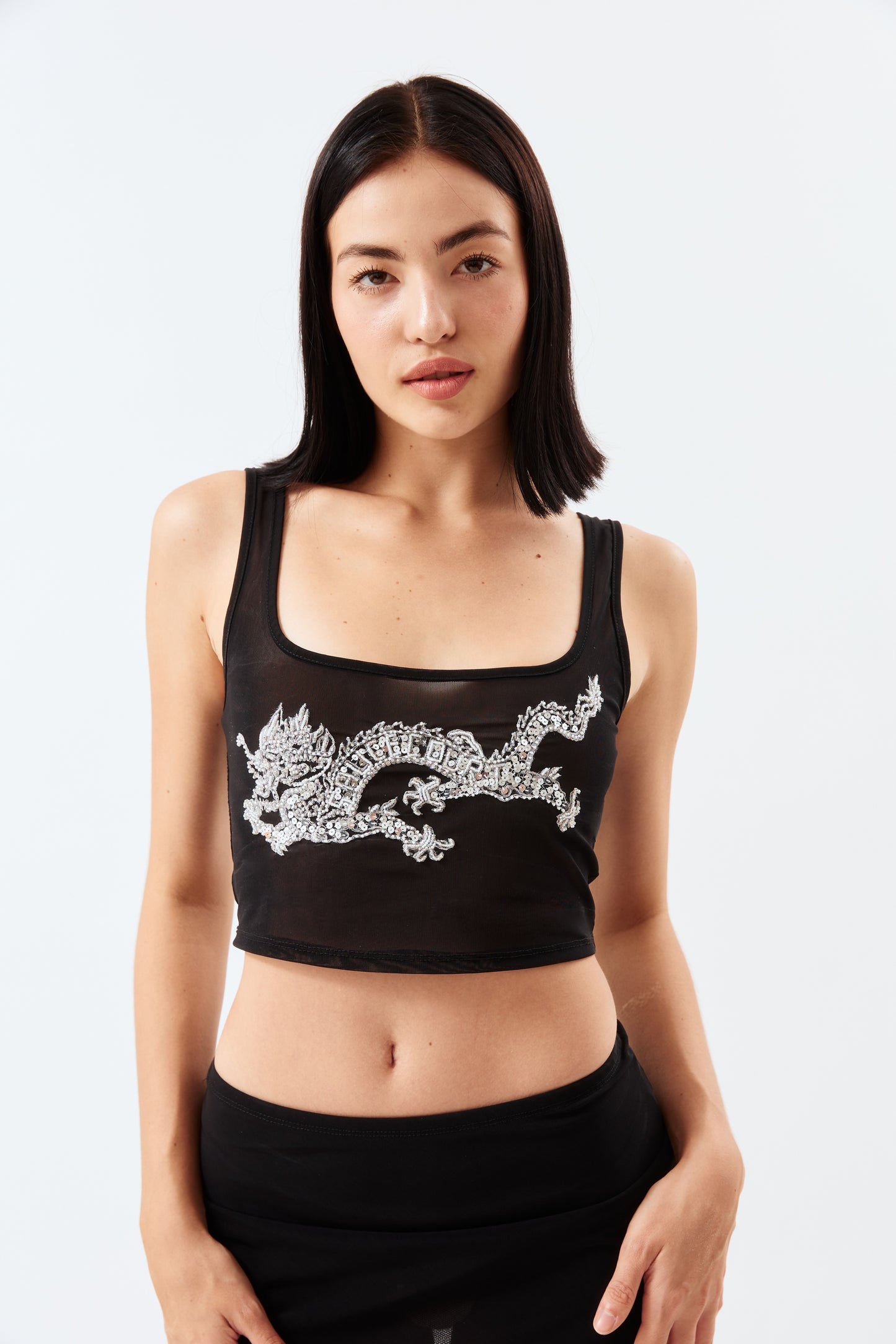 Dragon Embellished Tank Top - Black Mesh