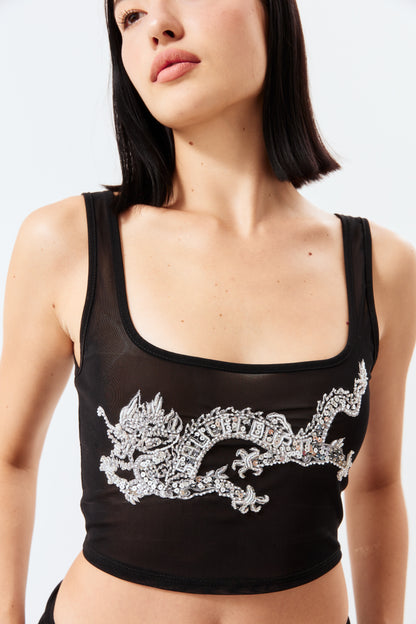 Dragon Embellished Tank Top - Black Mesh