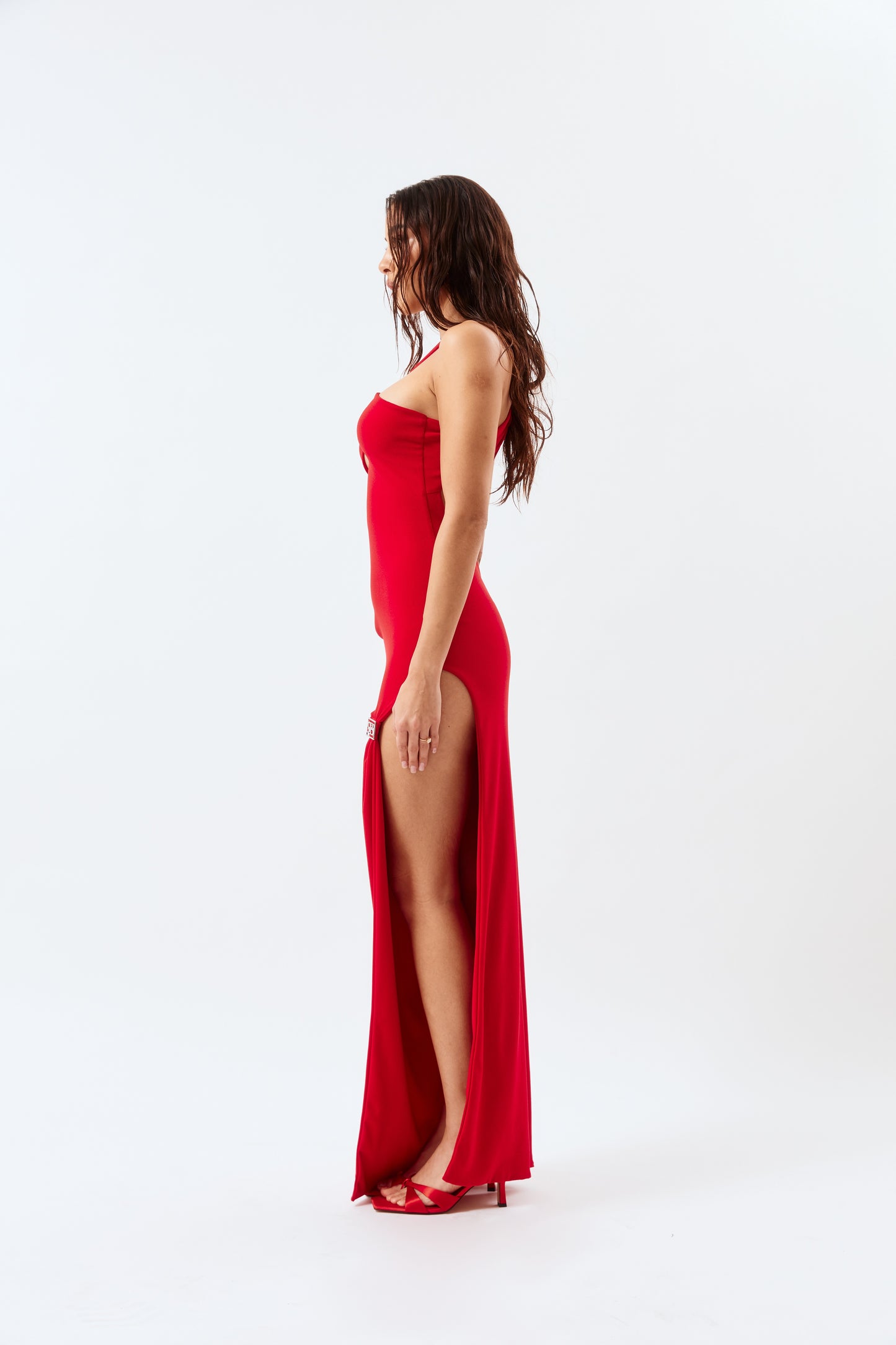 Asymmetric Cut-Out Maxi Dress - Red