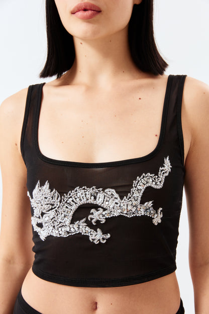 Dragon Embellished Tank Top - Black Mesh