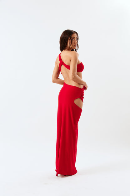 Asymmetric Cut-Out Maxi Dress - Red