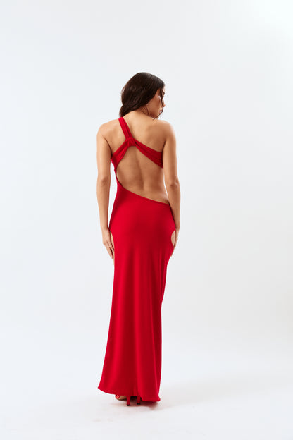 Asymmetric Cut-Out Maxi Dress - Red