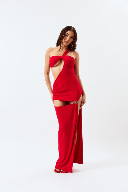 Asymmetric Cut-Out Maxi Dress - Red